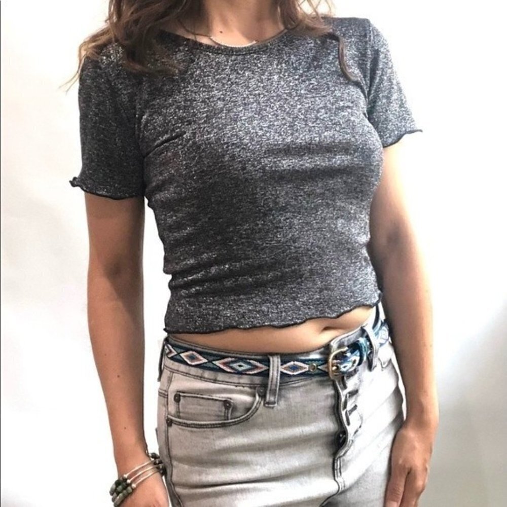 Urban Outfitters Crop Top Short Sleeve Grey Silver‎ XS - Picture 2 of 7